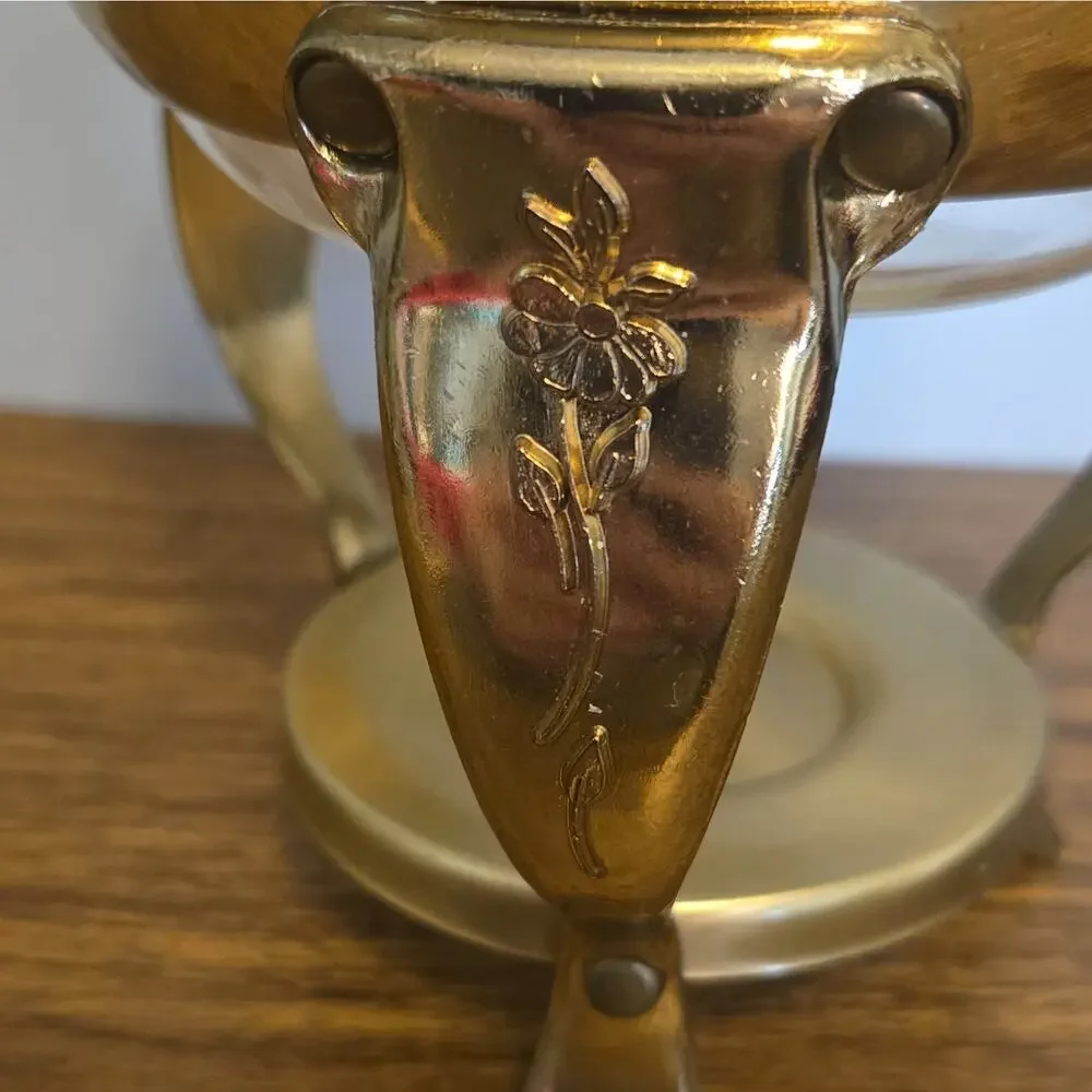 VTG Princess House Heritage Brass Glass Coffee Tea Carafe Pitcher Warmer 447 Set